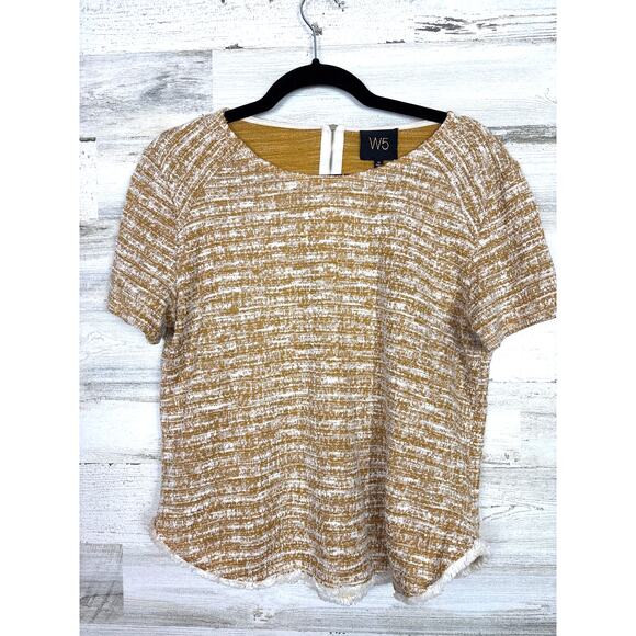 W5 Anthropologie Women’s Medium Yellow White Boho Short Sleeve Top Blouse - Picture 1 of 4